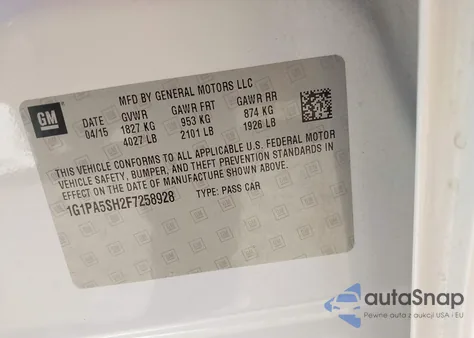 2015 Chevrolet Cruze Ls Auto из США, поврежденный, VIN 1G1PA5SH2F7258928